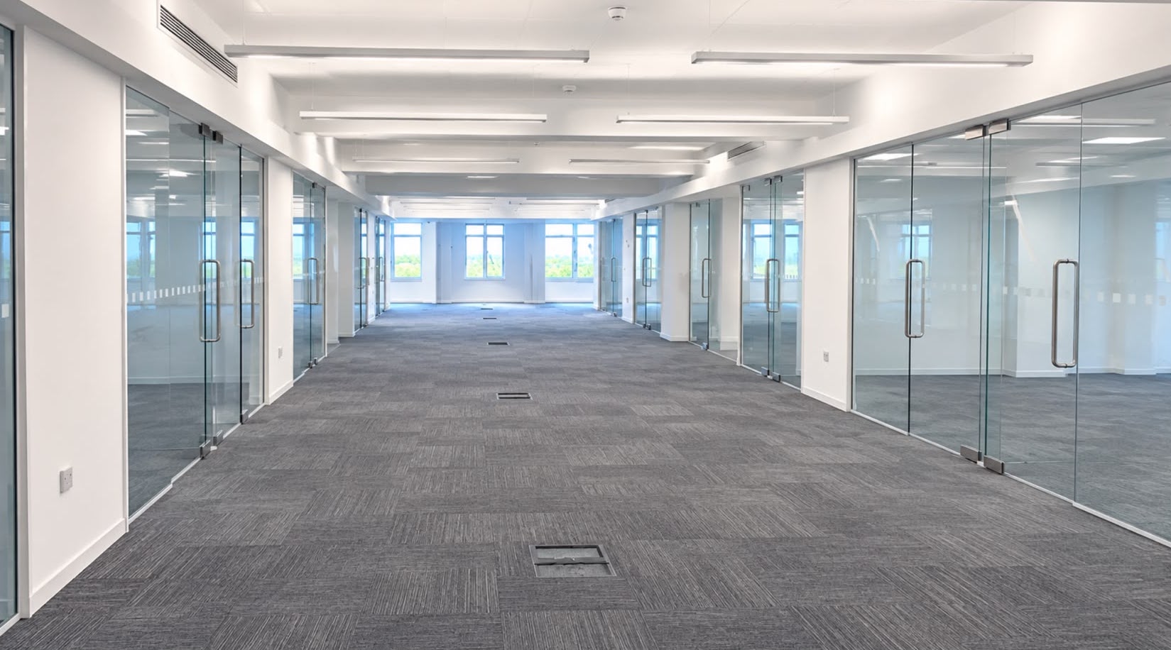 Modern office corridor with frameless glass partition doors and carpet flooring