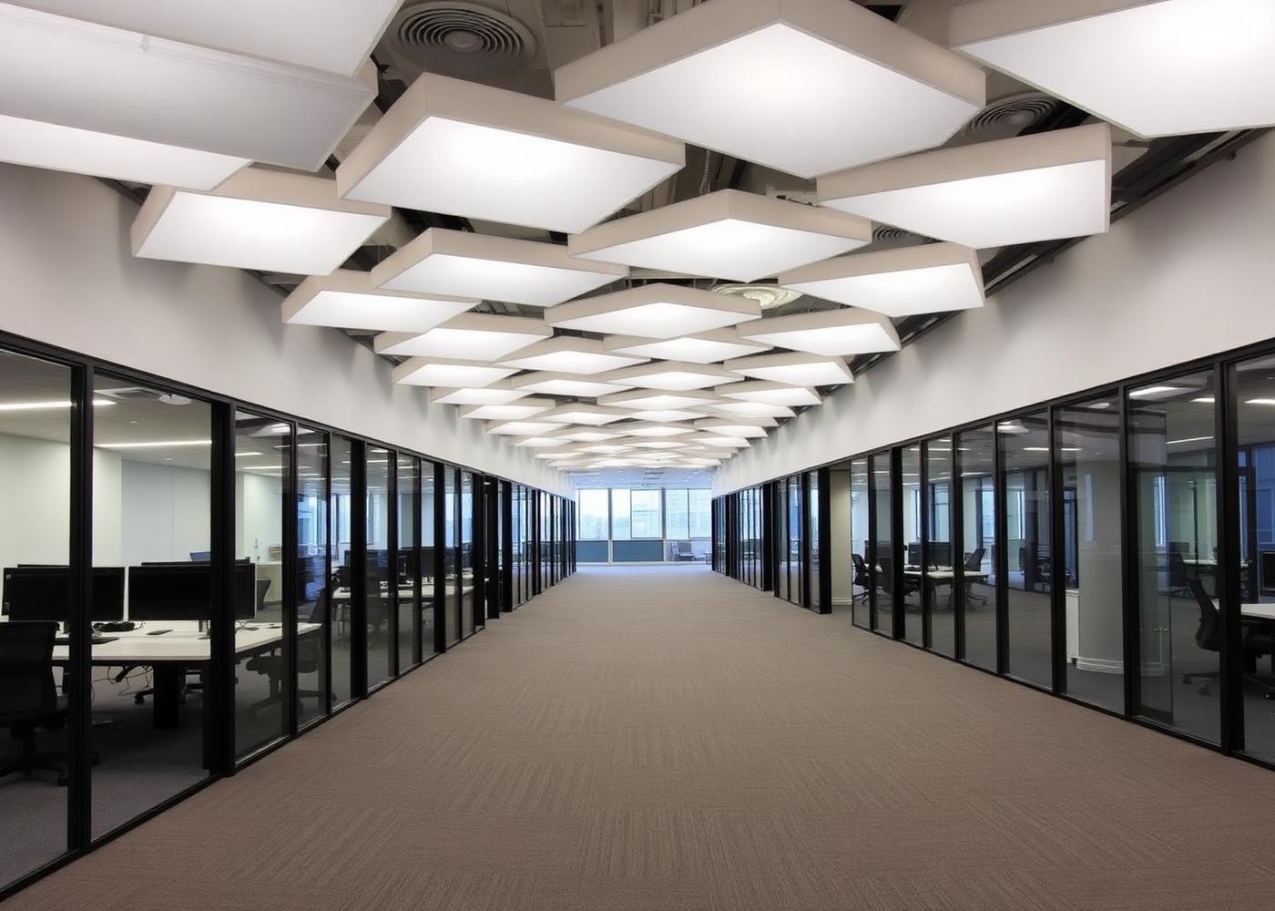 Completed open-plan office with acoustic ceiling rafts and glass partitions