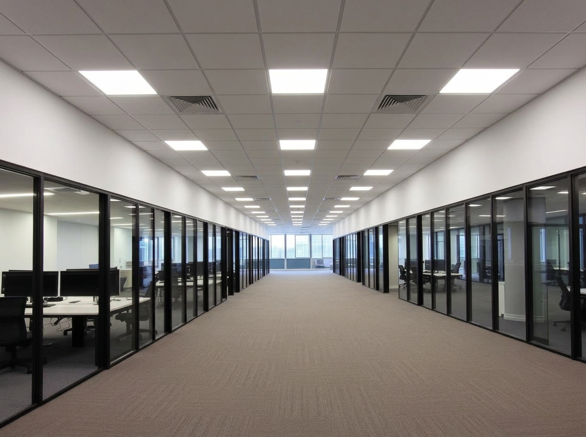 Completed open-plan office with acoustic ceiling rafts and glass partitions
