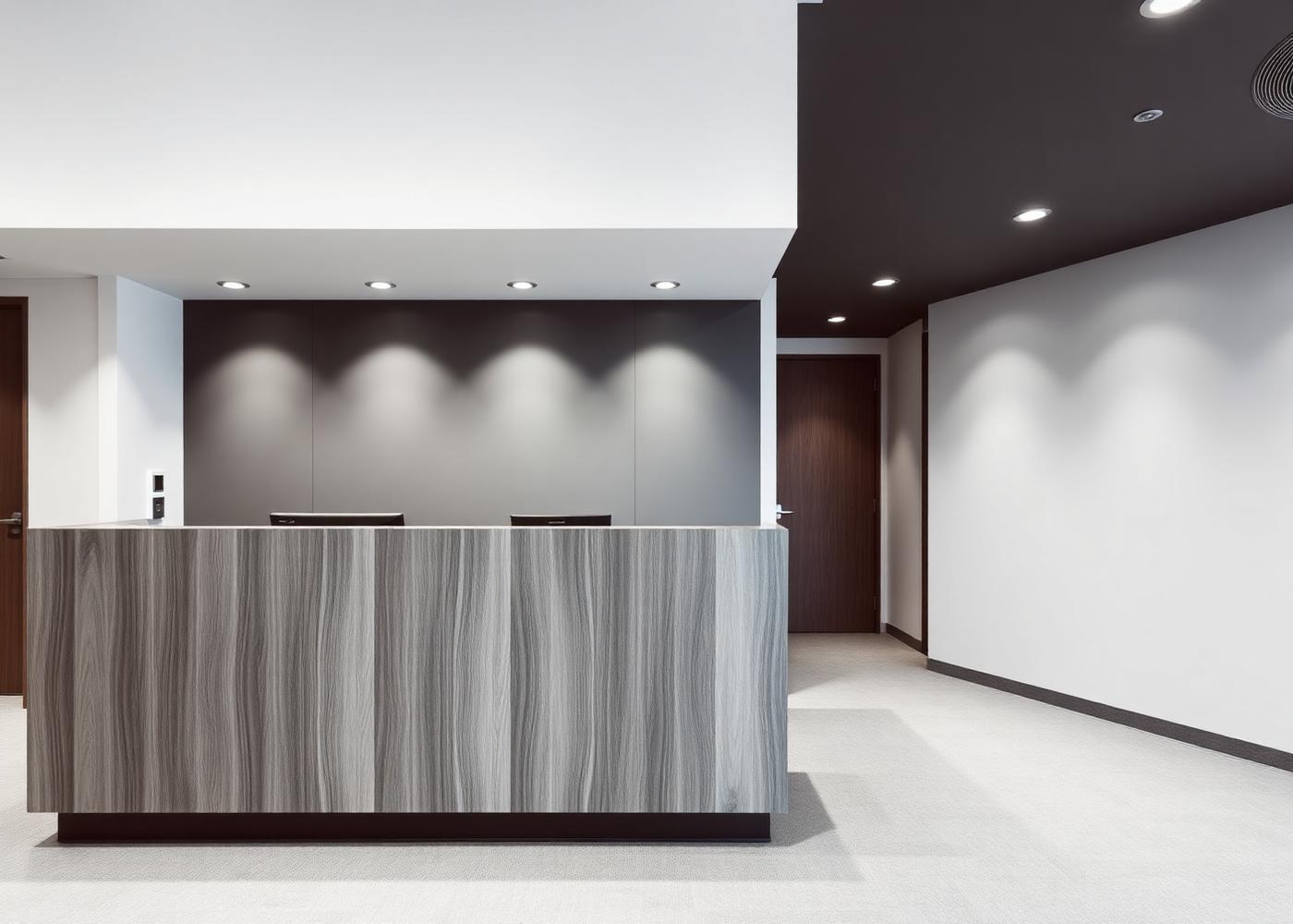 Commercial reception area with timber joinery desk and painted feature wall