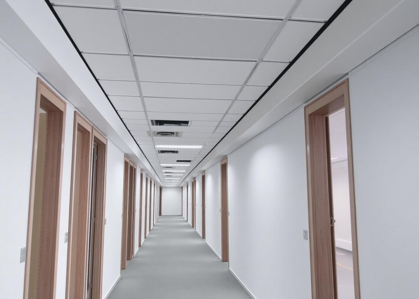Commercial office corridor mid fit-out with partitions and ceiling grid